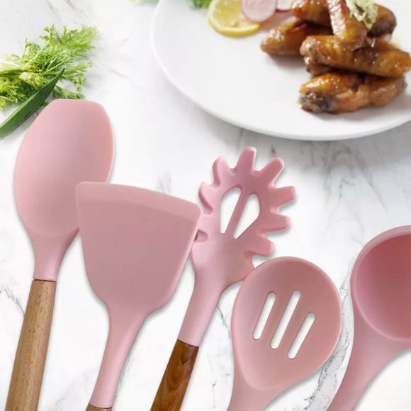 Kitchen Cooking Utensil Set 11 Pieces Silicone Wooden Handle High Heat Resistant - Picture 2 of 8